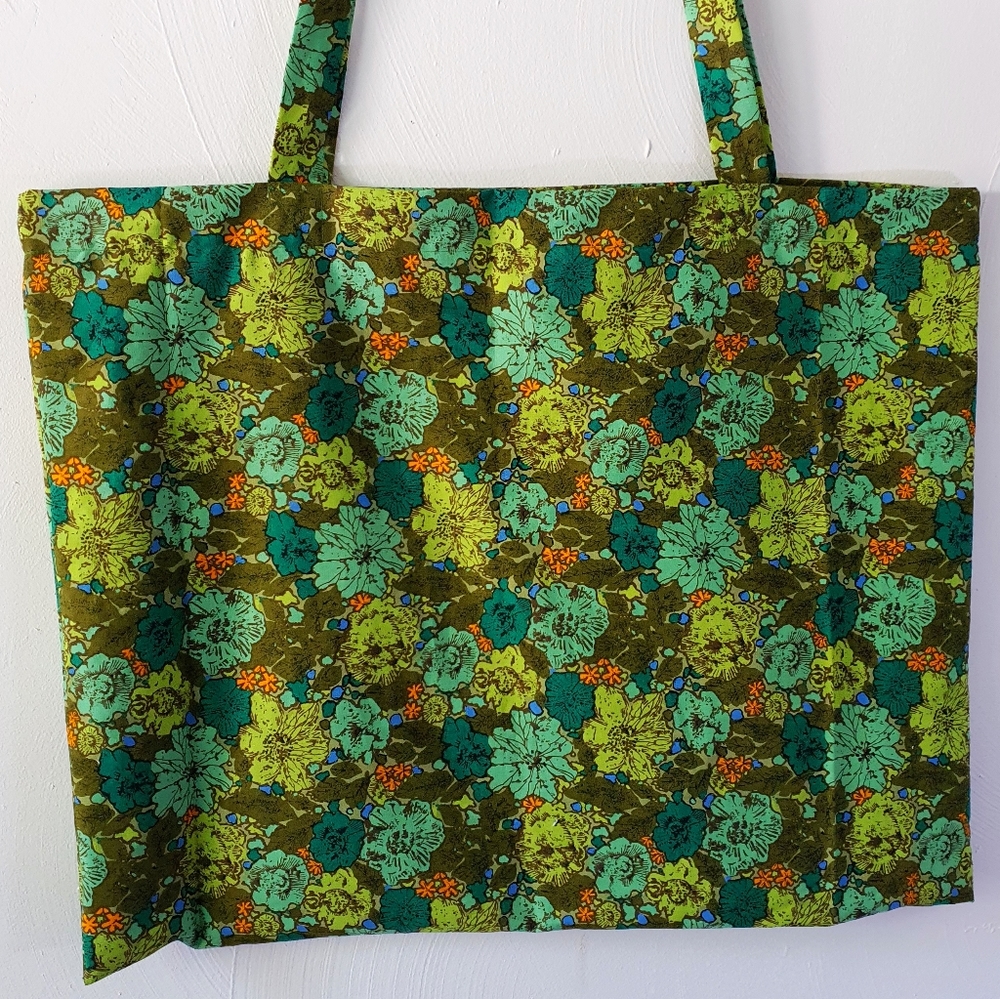 XX Large Green Floral Print Linen Beach Tote Bag - Picture 4 of 8